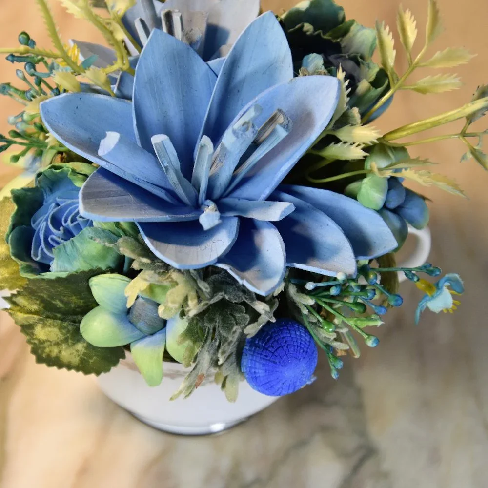 Vintage Sango sugar bowl filled with Sola flowers airbrushed in soothing blues